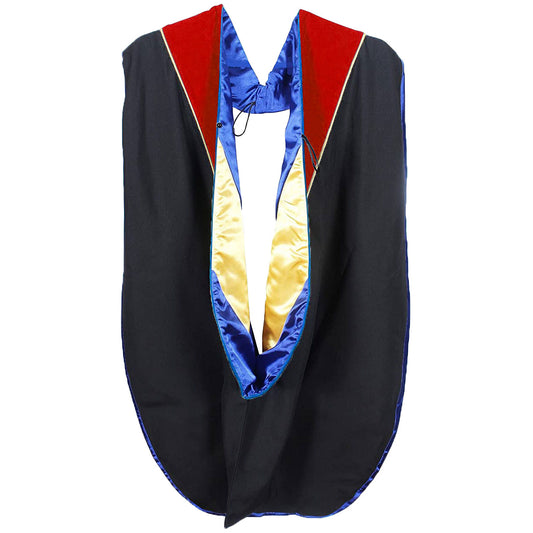 Doctorate Hood - Red Velvet - Royal Blue Lining - Gold Chevron - Gold Piping