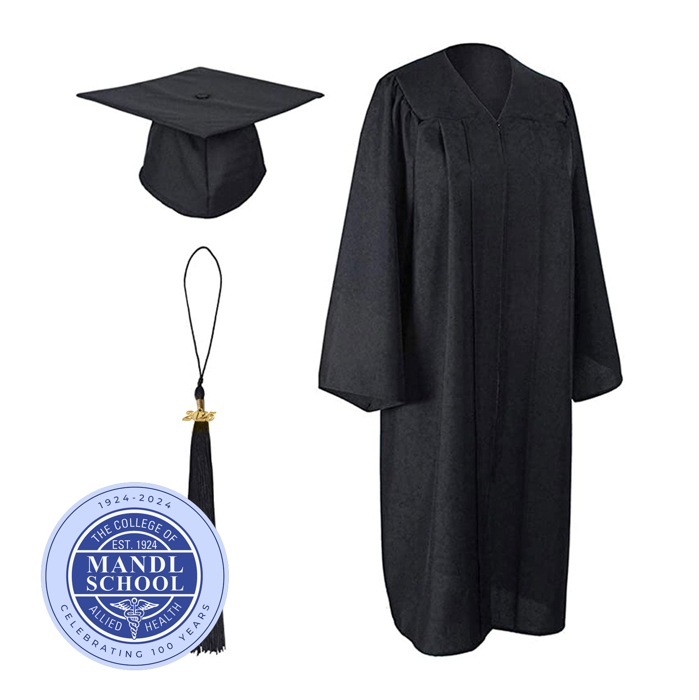 Mandl School Graduation Package 2025 - Matte Black Cap, Gown and Tassel